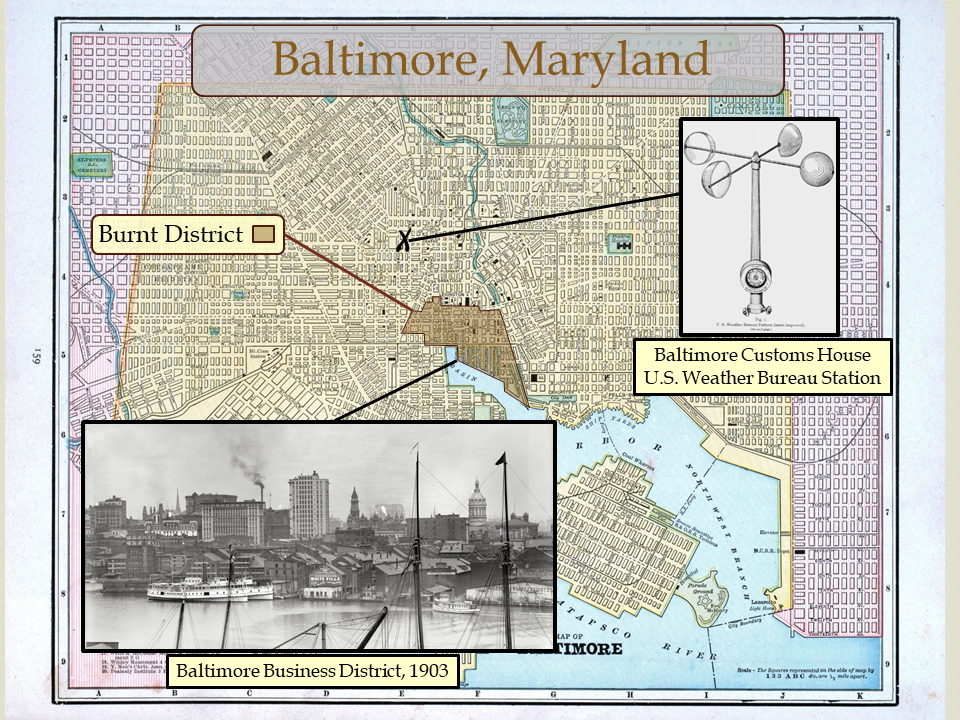 Historical map of Baltimore, burned region indicated